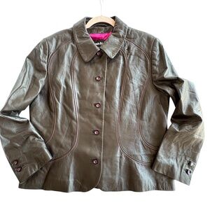 jacket LOUIS FERAUD brown kid leather M/L pink accent stitches buttons collar